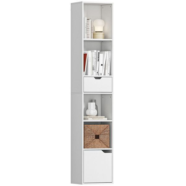 HOMCOM Bücherregal mit 6 Ebenen, 3-stufig verstellbar, mit Schublade, Schranktür, anpassbares Regal, Ausstellungsregal, Weiß, 836-631V90WT