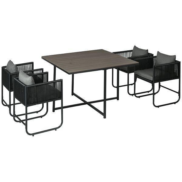 Outsunny Outdoor Essgruppe, Gartengarnitur, 5-teilig, Polyrattan, Sitzkissen, wetterfest, Schwarz/Grau, 861-061V00GY