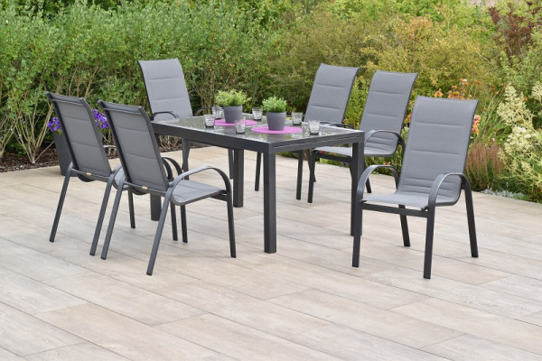 Merxx Amalfi Set 7-teilig, 6 Amalfi Stapelsessel, mit hoher Rückenlehne, 1 Ausziehtisch 140 (200) x 90 cm, Graphit/grau, 50712-309