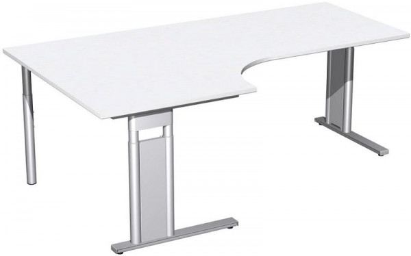 geramöbel PC-Schreibtisch links höhenverstellbar, C Fuß Blende optional, 2000x1200x680-820, Weiß/Silber, N-647322-WS