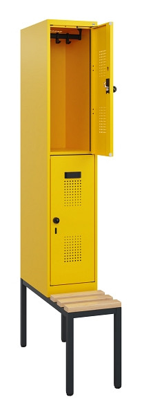 C+P Doppelstöckiger Spind Evolo PLUS, Bank, 2 Fächer, 1950x300x815mm, 1023/1023, Drehriegel, Sitzfläche Buche-Hartholz, Sitzbank, 0493505-10 S10027