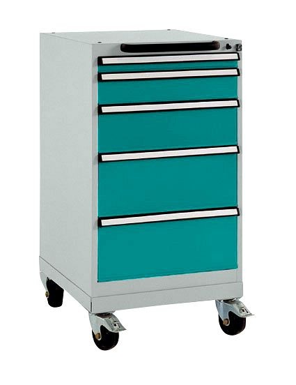 Manuflex Schubfachschrank BASETEC mobil, Nutzhöhe 700 mm mit 5 Schubfächern, in wasserblau RAL 5021, TP1144.5021