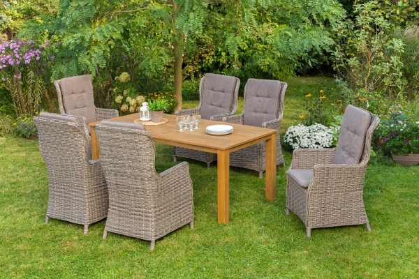 Merxx Riviera Set 13-teilig, 6 Riviera Sessel verstellbar durch Gasdruckfeder, inkl. Sitzkissen, 1 Tisch 185 x 90 cm, Akazienholz, naturgrau, 50499-253