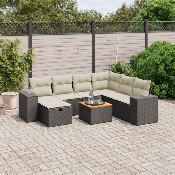 vidaXL 8-tlg. Garten-Sofagarnitur mit Kissen Schwarz Poly Rattan, UV-beständig, 3265186