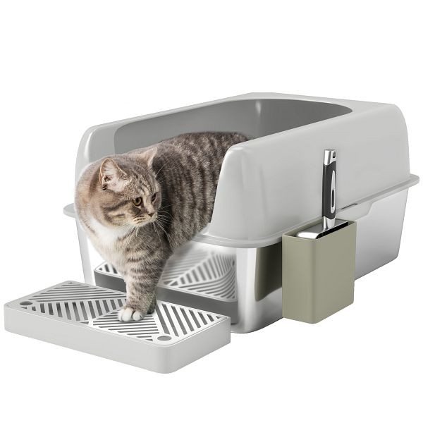 PawHut Katzentoilette, Katzenklo, Edelstahl, hohe Wände, Aufbewahrungsbox, Hellgrau, D31-114V00LG