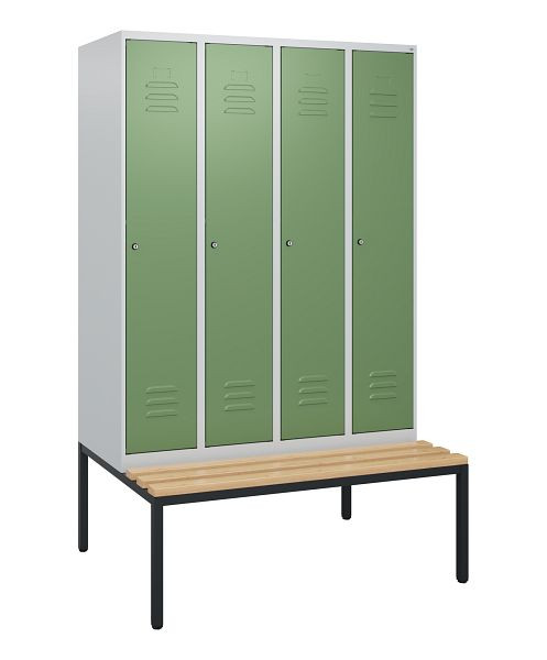 C+P Umkleidespind Classic PLUS, mit untergebauter Sitzbank, 4 Abteile, 1950x1200x815mm, 7035/6011, Zylinderschlösser, Buche-Sitzleisten, 0800505-40 S10021