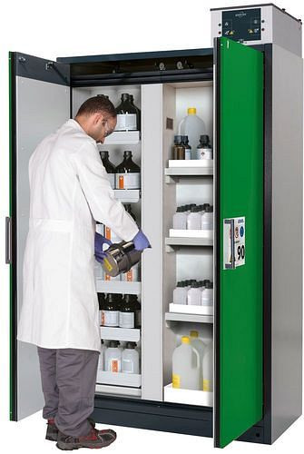 asecos Feuerbeständiger Gefahrstoffschrank Select, Mittelwand, Auszugswannen und Wannenböden, grün, 266834