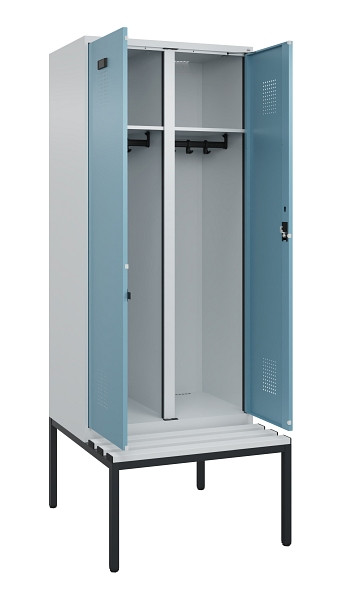 C+P Schwarz-Weiß-Spind Evolo PLUS, Bank, 2 Abteile, 2120x800x815mm, 7035/0010, Zylinderschloss, Sitzfläche Kunststoff, Sitzbank, 0490527-22 S10090