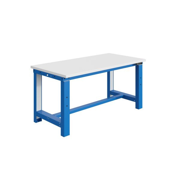 SOFAME SI Werkbank, elektrisch höhenverstellbar, B 2000 x T 750 x H 740 bis 1240 mm, RESITOP Laminat-Arbeitsplatte 40 mm, Himmelblau RAL 5015, W010010831BI