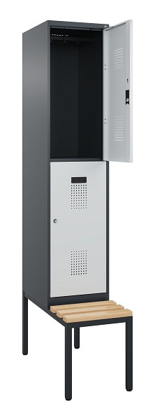 C+P Doppelstock-Spind Evolo PLUS, Bank, 2 Fächer, 2120x400x815mm, 7016/7035, Zylinderschloss, Sitzfläche Buche-Hartholz, Sitzbank, 0493507-12 S10044