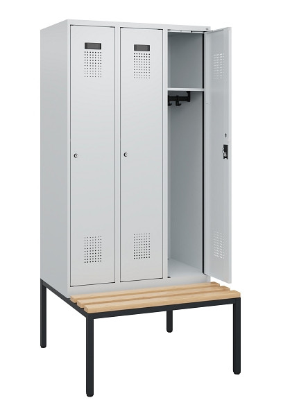 C+P Spind Evolo PLUS, 3 Abteile, 1950x900x815mm, 7035/7035, Zylinderschloss, Sitzfläche Buche-Hartholz, Sitzbank, 0490505-30 S10040