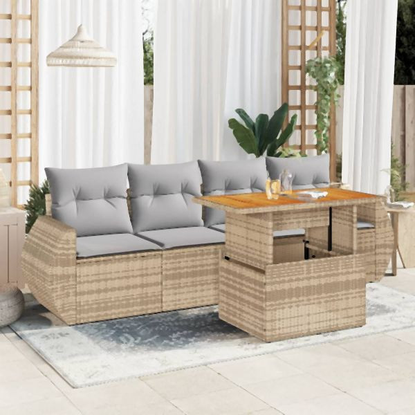 vidaXL 5-tlg. Garten-Sofagarnitur mit Kissen Beige Poly Rattan, 3327209