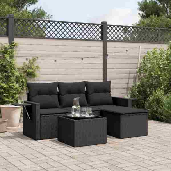vidaXL 4-tlg. Garten-Sofagarnitur mit Kissen Schwarz Poly Rattan, UV-beständig, 3252402