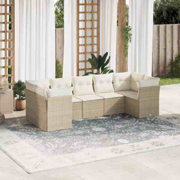 vidaXL 7-tlg. Garten-Sofagarnitur mit Kissen Beige Poly Rattan, UV-beständig, 3218118