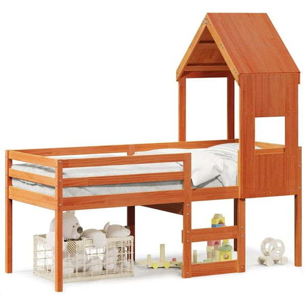 vidaXL Hochbett mit Dach Wachsbraun 90x190 cm Massivholz Kiefer, 3282018