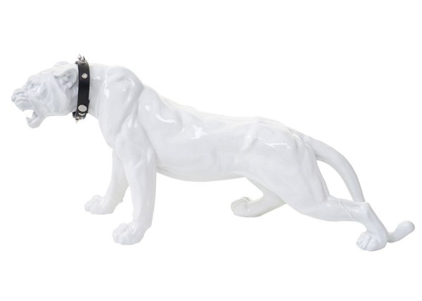 Mendler Deko Figur Leopard 59cm, Polyresin Skulptur Panther, In-/Outdoor, weiß hochglanz mit Halsband, 57116