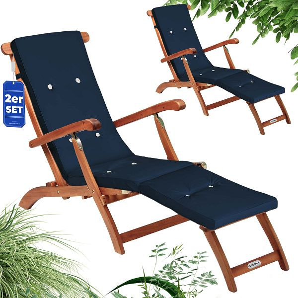 casaria Gartenliege Queen Mary®, VE: 2er-Set Akazie FSC®-zertifiziert inkl Auflage Blau, 997496