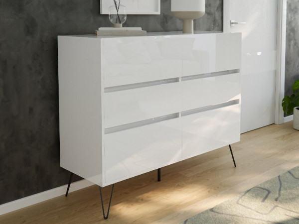 Posseik Sideboard Industrial M 120cm 6 Schubladen Weiß Hochglanz, PN2090X0000002DE