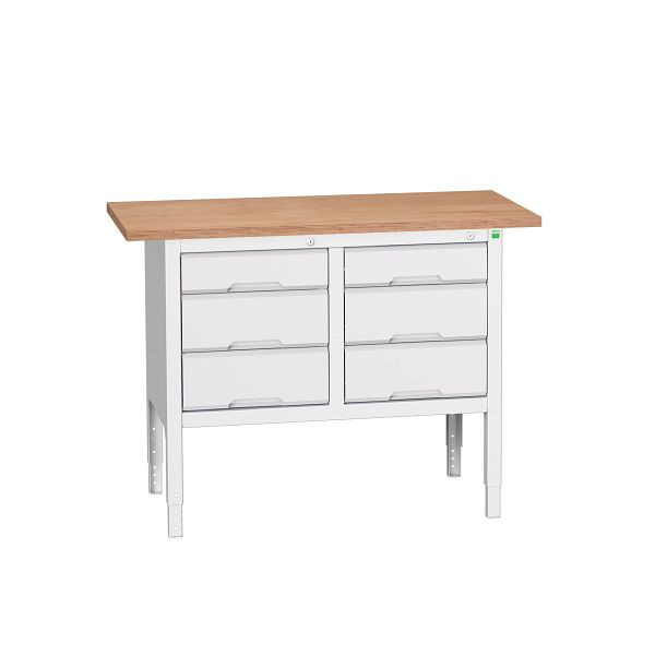 bott verso Kastenwerkbank mit einstellbarer Arbeitshöhe und Schubladenschrank mit 3 Schubladen, 1250x600x830-930mm, Lichtgrau/Lichtgrau, 16923004.16