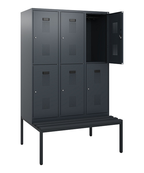 C+P Doppelstöckiger Spind Evolo PLUS, Bank, 6 Fächer, 1950x1200x815mm, 7016/7016, Zylinderschloss, Sitzfläche Kunststoff, Sitzbank, 0493505-32 S10151