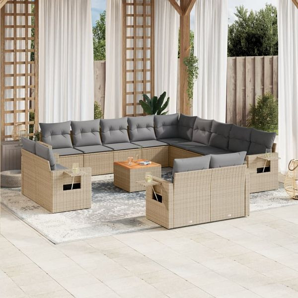 vidaXL 14-teilig Garten-Sofagarnitur mit Kissen Beige Poly Rattan, 3224841