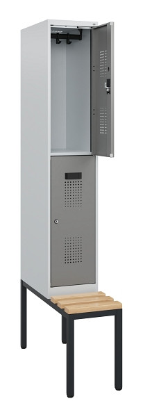 C+P Doppelstöckiger Spind Evolo PLUS, Bank, 2 Fächer, 1950x300x815mm, 7035/0004, Zylinderschloss, Sitzfläche Buche-Hartholz, Sitzbank, 0493505-10 S10041