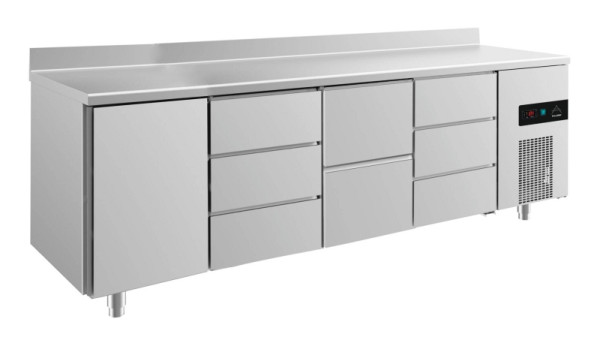 A&S Polarny Kühltisch -2 bis +8°C mit Tür links, zwei Schubladen mittig-rechts und 2x drei Schubladen, 2330 x 700 x 850 mm, mit Aufkantung, KT4TDZDA