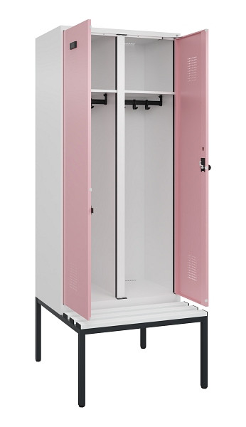 C+P Schwarz-Weiß-Spind Evolo PLUS, Bank, 2 Abteile, 2120x800x815mm, 9016/3015, Drehriegel, Sitzfläche Kunststoff, Sitzbank, 0490527-22 S10072