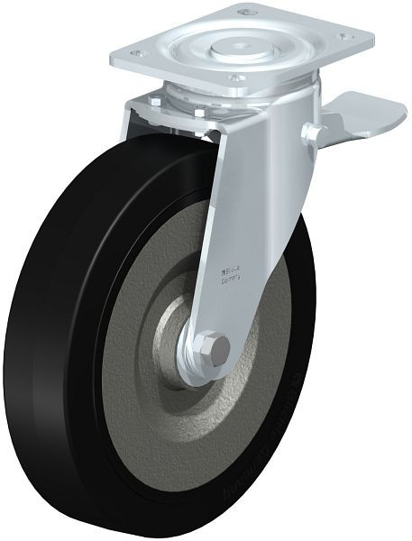 Blickle LH-SE 250K-ST Stahlblech-Lenkrolle, Schwerlast-Ausführung, mit Anschraubplatte & Feststeller, Elastik-Vollgummi, Schwarz, 10892