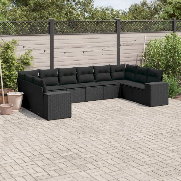 vidaXL 10-teilig Garten-Sofagarnitur mit Kissen Schwarz Poly Rattan, 3223064