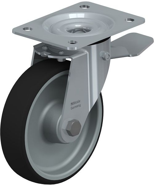 Blickle LE-PATH 160R-ST Stahlblech-Lenkrolle mit Anschraubplatte & Feststeller, Thermoplastisches Polyurethan, Grau, 852156