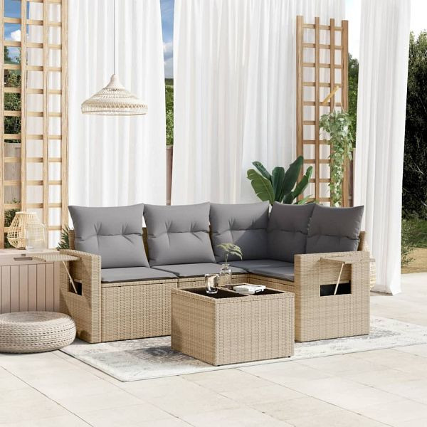 vidaXL 5-teilig Garten-Sofagarnitur mit Kissen Beige Poly Rattan, 3220118