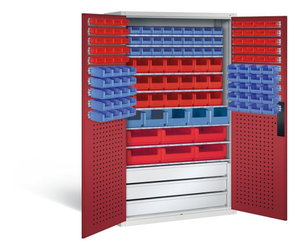 C+P Magazinschrank Serie 13, H1950xB1100xT535mm, Farbe: Lichtgrau / Rubinrot, Muldengriff, 130276-64 S10030