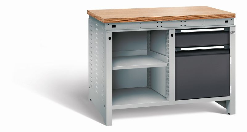 Otto Kind Werkbank Serie function Typ 211, Multiplexplatte 40 mm, bündig, 2x Unterbau, Gehäuse RAL 9006, Front RAL 9005, 07234113N