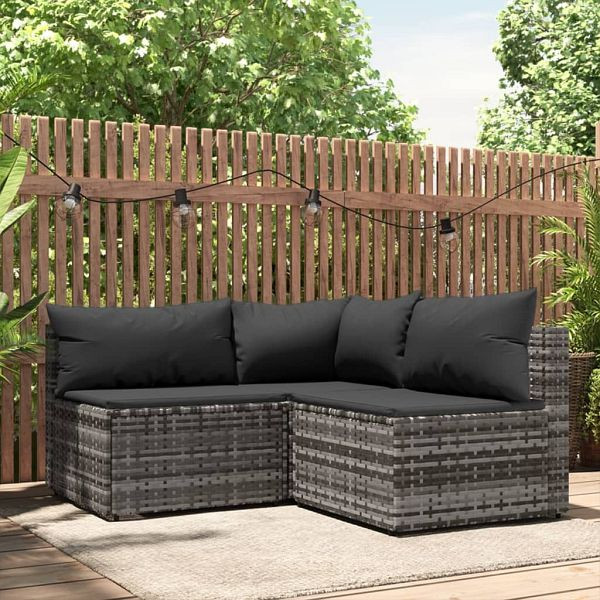 vidaXL 3-teilig Garten-Lounge-Set mit Kissen Grau Poly Rattan, 319764