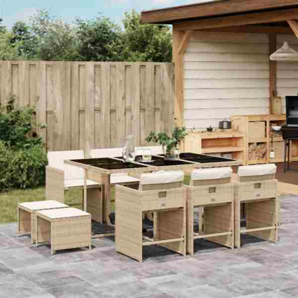 vidaXL 11-tlg. Garten-Essgruppe mit Kissen Beige Poly Rattan, UV-beständig, 3211150