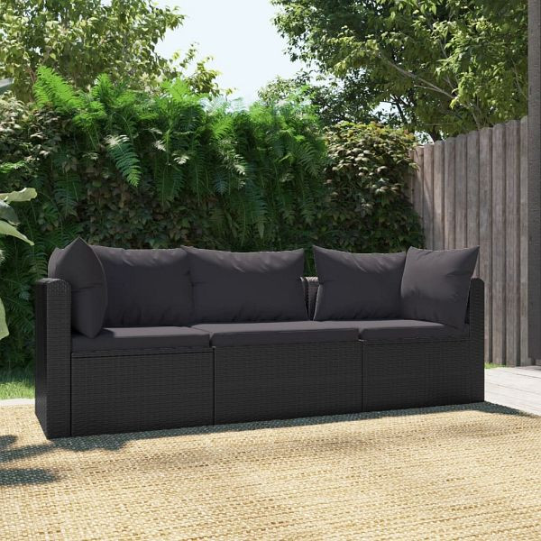 vidaXL 3-teilig Garten-Sofagarnitur mit Auflagen Poly Rattan Schwarz, 46557