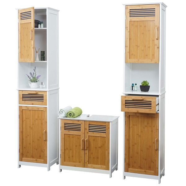 Mendler Badezimmerset HWC-A85, Badmöbel 2x Hochschrank Waschbeckenunterschank Bambus, weiß, 2x57142+57146