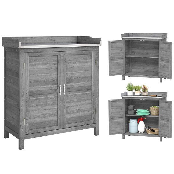 Outsunny Gartenschrank mit Pflanztisch, Holz Geräteschuppen mit verzinkter Arbeitsplatte 2 Regalböden Grau, 84B-629V00GY