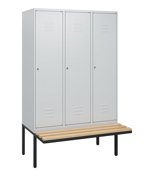 C+P Umkleidespind Classic PLUS, 3 Abteile, 1950x1200x815mm, 7035/7035, Zylinderschlösser, Buche-Sitzleisten, 0800405-32 S10024