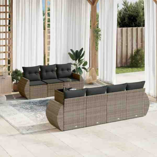vidaXL 8-tlg. Garten-Sofagarnitur mit Kissen Grau Poly Rattan, UV-beständig, 3253467