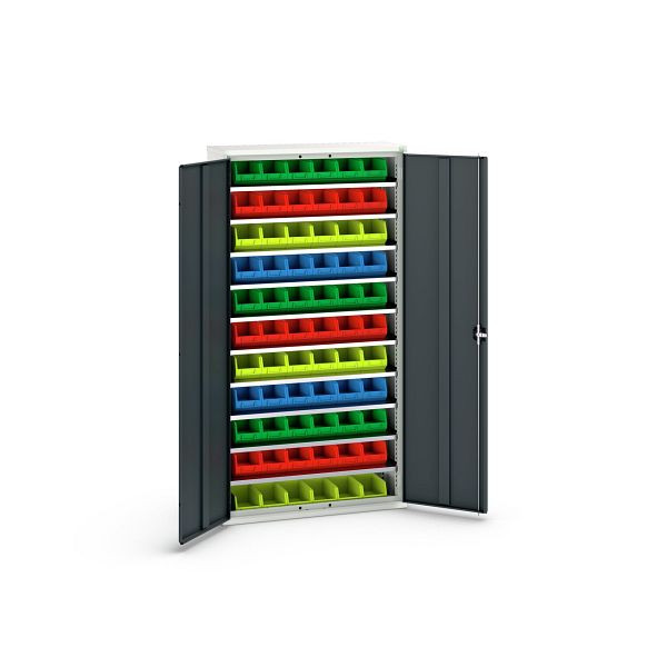 bott verso Magazinschrank, mit 10 Fachböden und 66 Sichtlagerkästen, BxTxH: 1050 x 350 x 2000 mm, Lichtgrau / Anthrazitgrau, 16926501.19