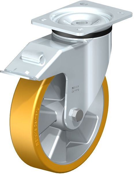 Blickle LK-ALTH 200K-FI Stahlblech-Lenkrolle, schwere Ausführung, mit Anschraubplatte & Feststeller, Blickle Extrathane®, Hellbraun, 606764