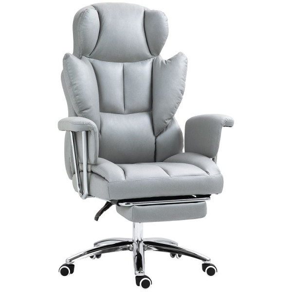 HOMCOM Ergonomischer Bürostuhl, gepolstert, mit Fußstütze, verstellbarer Lehne, 360° drehbar, Hellgrau, 921-740V00LG