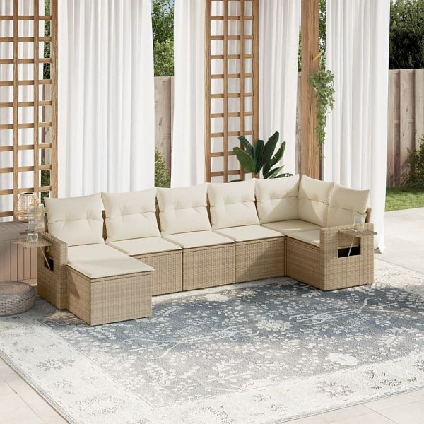 vidaXL 7-teilig Garten-Sofagarnitur mit Kissen Beige Poly Rattan, 3220477