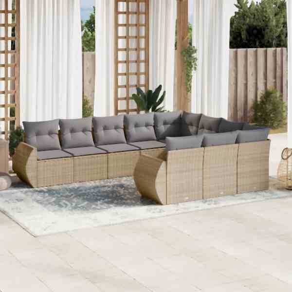 vidaXL 10-tlg. Garten-Sofagarnitur mit Kissen Beige Poly Rattan, UV-beständig, 3221888