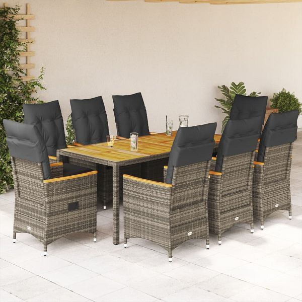 vidaXL 9-teilig Garten-Essgruppe mit Kissen Grau Poly Rattan, 3276850