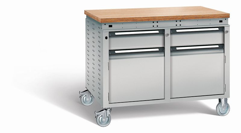 Otto Kind Werkbank Serie function Typ 251 fahrbar, Multiplexplatte 40 mm, bündig, 2x Unterbau, komplett RAL 9006, 072382196