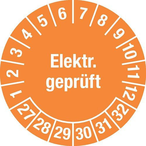 DENIOS Prüfplakette "Elektr. geprüft", 27 - 32, orange, Folie, selbstklebend, 25 mm, VE: 5 Bogen à 15 Stück, 290210