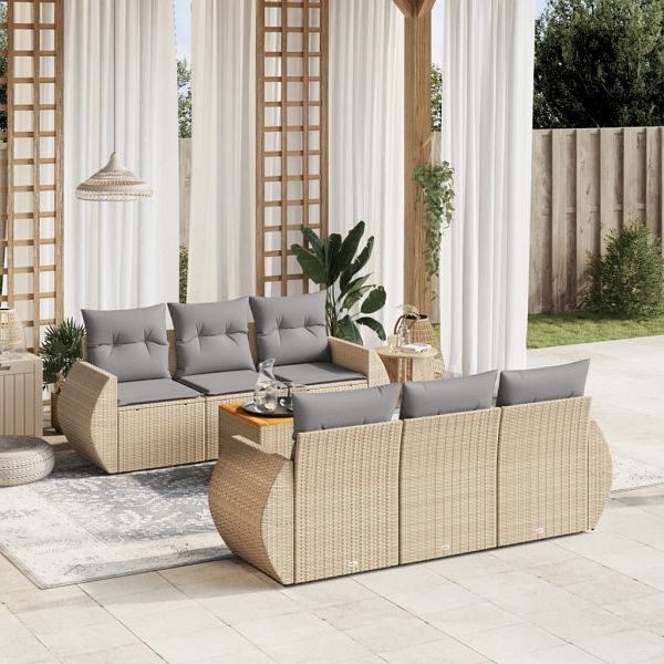 vidaXL 7-teilig Garten-Sofagarnitur mit Kissen Beige Poly Rattan, 3224897